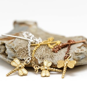 May include: Three gold dragonfly charms on chains, each with a different coloured chain: silver, gold, and copper. The charms are hanging from a piece of fossilised rock.