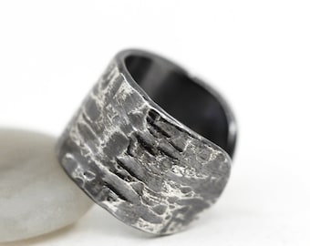 Hand Forged Sterling Silver Ear Cuff: Rustic Textured Wide Band, Oxidized or Polished