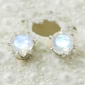 Natural Blue Rainbow Moonstone Stud Earrings, Pair 3mm 4mm or 5mm in Solid Sterling Silver or 14k Gold Filled,June Birthstone,Gemstone studs