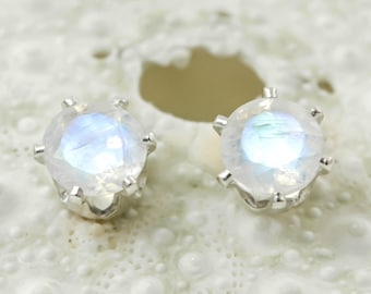 Natural Blue Rainbow Moonstone Stud Earrings, Pair 3mm 4mm or 5mm in Solid Sterling Silver or 14k Gold Filled,June Birthstone,Gemstone studs