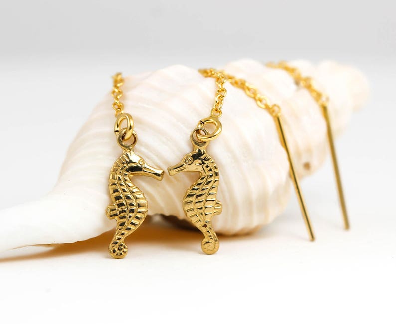Thread earrings Single or Pair Seahorse Threaders Threader Earrings Chain Earrings 925 Sterling Silver 14k Rose or Yellow Gold Filled