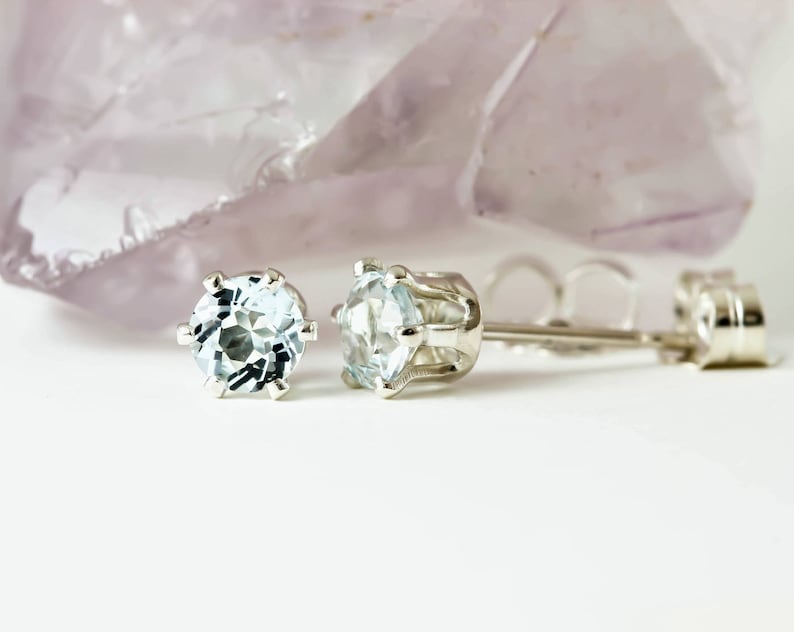 Natural Gemstone earrings March Birthstone Genuine Natural Aquamarine Pair 3mm or 4mm Stud Earrings in 925 Sterling Silver Studs