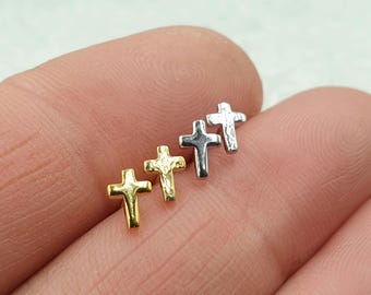 Hammered Sterling Silver Cross Stud Earrings: 925 Silver or Gold Vermeil, Tiny Studs