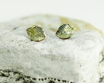 Tiny Leaf Stud Earrings Pair, Gold Leaf Studs, Sterling Silver posts 925 stamped, Leaf Earrings, Mixed Metal Jewelry