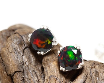 Natural Black Opal Multi Fire Stud Earrings in Solid 14k Yellow Gold or 925 Sterling Silver, 5mm Ethiopian Opal Studs, October Birthstone