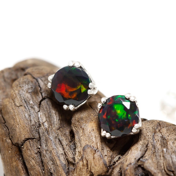Natural Black Opal Multi Fire Stud Earrings in Solid 14k Yellow Gold or 925 Sterling Silver, 5mm Ethiopian Opal Studs, October Birthstone