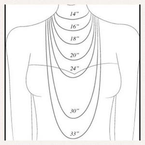 May include: Diagram showing different necklace lengths on a model, ranging from 14 inches to 33 inches.