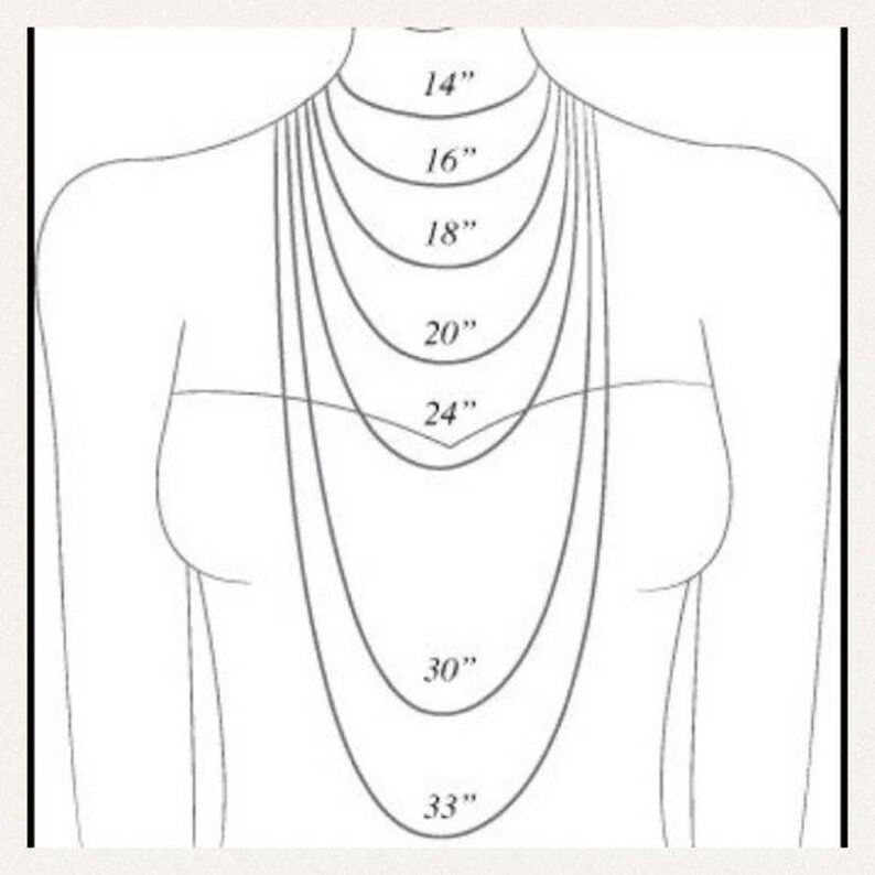 May include: Diagram showing different necklace lengths on a model, ranging from 14 inches to 33 inches.