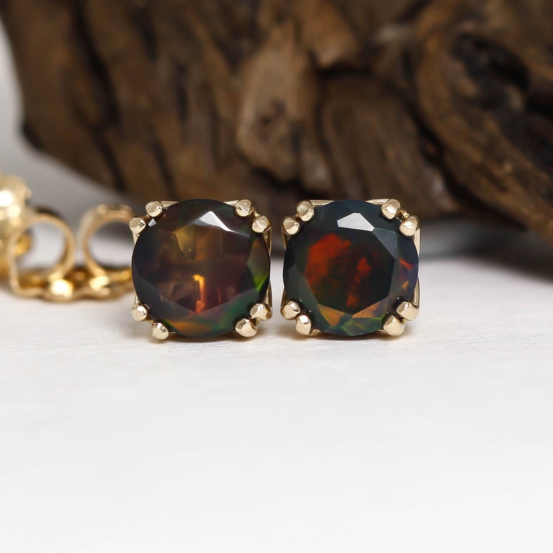 October Birthstone 5mm Ethiopian Opal Studs Natural Black Opal Multi Fire Stud Earrings in Solid 14k Yellow Gold or 925 Sterling Silver
