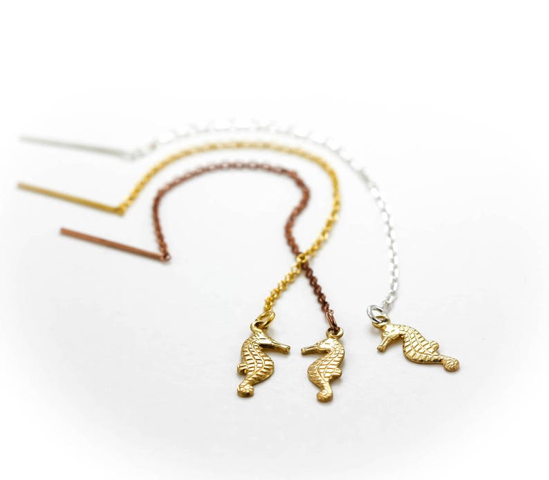 Thread earrings Single or Pair Seahorse Threaders Threader Earrings Chain Earrings 925 Sterling Silver 14k Rose or Yellow Gold Filled