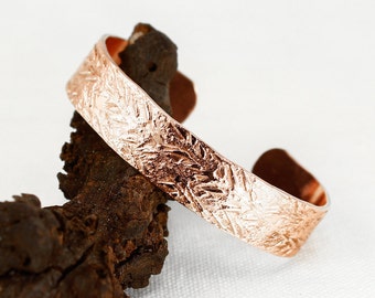 Cuff Bracelet, Leaf Textured, Hammered Solid Copper or Brass, Lead and Nickel Free, Textured, Hand forged, Copper bracelet cuff, Gold Cuff