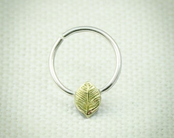 Septum Ring, Sterling Silver, Gold Leaf, 14,16,18,19,20 gauge, Nose ring, Solid silver, Leaf septum ring,Septum jewelry,Cartilage hoop,navel