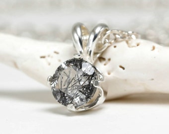 Black Tourmalinated Quartz Necklace, 6mm Natural Gemstone in Argentium Silver, Black Tourmaline, Gemstone Necklace, Gemstone Pendant
