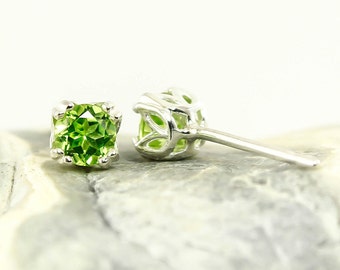 Tulip Studs, Genuine Natural Peridot 4mm  or 5mm Stud Earrings in 925 Sterling Silver Studs, Natural Gemstone earrings, August Birthstone