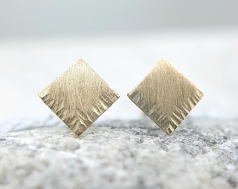 Hammered 14k Gold Filled Square Stud Earrings: Brushed Geometric Design