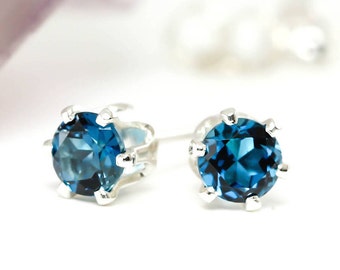 Natural London Blue Topaz 3mm,4mm,5mm Pair Stud Earrings in Sterling Silver Studs,Natural Gemstone Earrings,December Birthstone,Blue studs