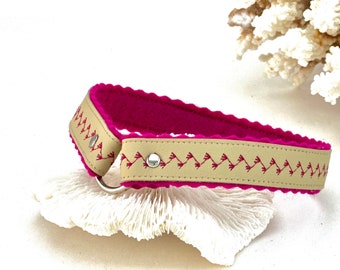 Beige Dog Collar Embroidered Christmas Gifts, UltraSoft Leather House ID Tag Collars for Small Dogs, Custom Slip-on Puppy Necklace Lined