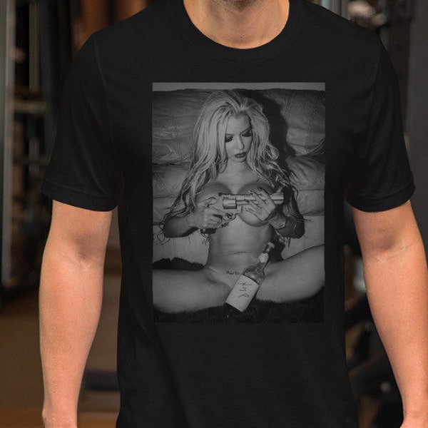 Naked Girl T-shirt for Men & Women "Girls with Guns Series Blonde Bombshell Pinup with Revolver #2" Graphic Tee by NSP Erotic Art