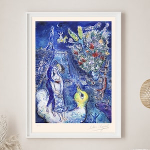 MARC CHAGALL &#39;Lovers with a Bouquet&#39; - Original Lithograph-  Signed Print (COA) &#39;Les amoureux au Bouquet&#39; Paris   Wall Decor  Art Prints