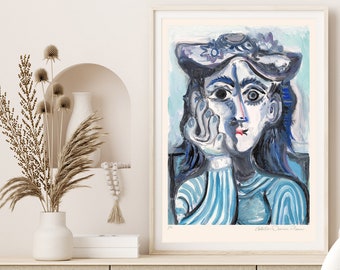 Lithographie originale « Femme au chapeau » de Pablo Picasso - Impression signée (COA) Impressions d'art murales Impressions d'art Décoration de chambre Cadeau