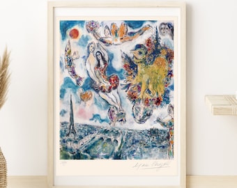 MARC CHAGALL ' Paris Lovers' - Original Lithograph-  Signed Print (COA) 'Les Amoureux' Vintage - Ballet   Wall Decor  Art Prints Room Decor