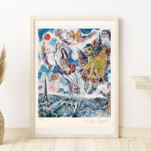 MARC CHAGALL &#39; Paris Lovers&#39; - Original Lithograph-  Signed Print (COA) &#39;Les Amoureux&#39; Vintage - Ballet   Wall Decor  Art Prints Room Decor
