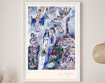 MARC CHAGALL ' Paris Lovers' - Original Lithograph-  Signed Print (COA) 'Les Amoureux' Vintage - Ballet   Wall Decor  Art Prints Room Decor