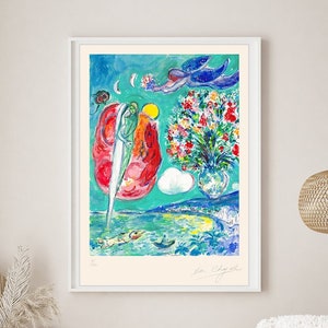 MARC CHAGALL &#39;Lovers&#39; - Original Lithograph-  Signed Print (COA) Vintage Poster- Modern Art French Riviera Wall Decor  Art Prints Room Decor