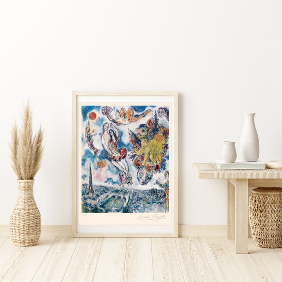 【美品】シャガール★リトグラフ Lovers Over Paris★額・証明書付 マルク シャガール絵画「パリの恋人」額縁4色選択可能 作品証明