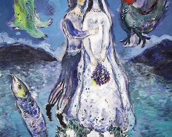 MARC CHAGALL 'Lovers in the moonlight' - Original Lithograph-  Signed Print (COA) 'Les amants au Clair de Lune' Vintage   Art Prints Gift