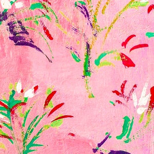 May include: Abstract painting with a pink background and colorful brushstrokes in green, red, white, and purple. The brushstrokes create a floral pattern.