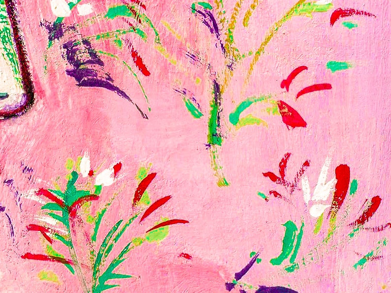 May include: Abstract painting with a pink background and colorful brushstrokes in green, red, white, and purple. The brushstrokes create a floral pattern.