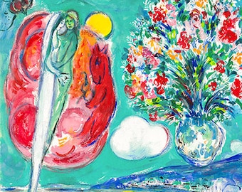 MARC CHAGALL 'Amantes' - Litografía original - Lámina firmada (con certificado de autenticidad) - Póster vintage - Arte moderno - Decoración de pared de la Riviera francesa - Láminas de arte - Decoración de habitaciones