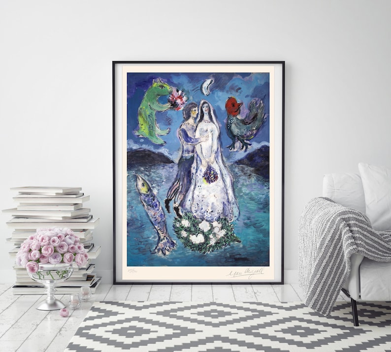 MARC CHAGALL 'Lovers in the moonlight' Original Lithograph Signed Print COA 'Les amants au Clair de Lune' Vintage Art Prints Gift image 1