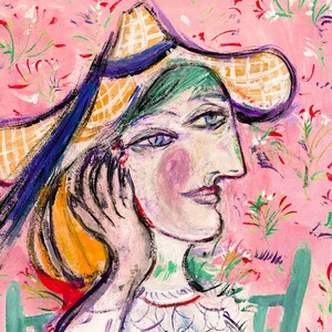 May include: A painting of a woman wearing a yellow and blue straw hat with a pink floral background.