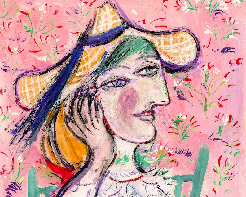 May include: A painting of a woman wearing a yellow and blue straw hat with a pink floral background.