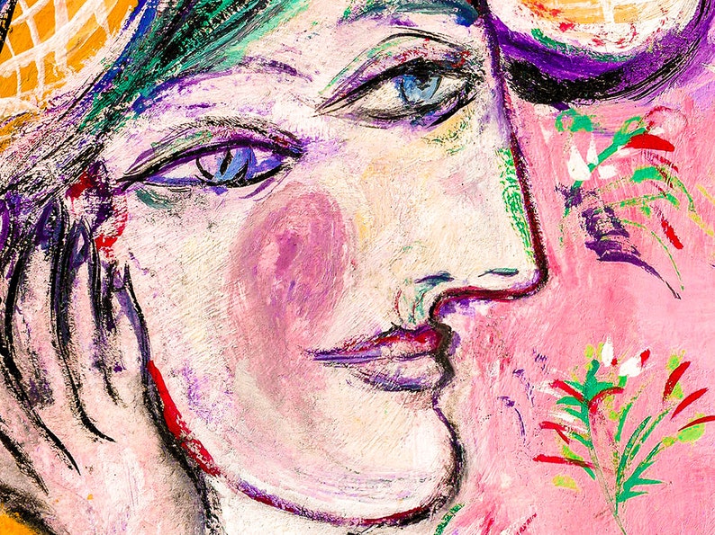 May include: A colorful abstract painting of a woman's face with blue eyes and pink cheeks. The background is a pink and green floral pattern.
