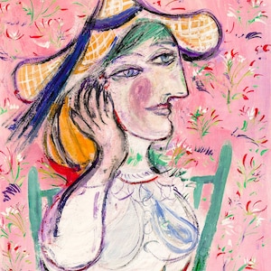 May include: A painting of a woman wearing a large straw hat with a blue ribbon. She is sitting in a chair with a pink floral background. The woman's face is painted in a stylized manner with a focus on her eyes and lips.