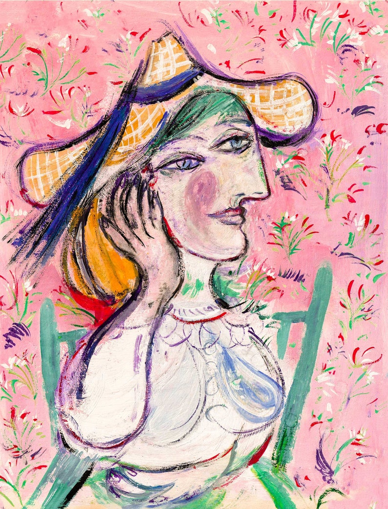 May include: A painting of a woman wearing a large straw hat with a blue ribbon. She is sitting in a chair with a pink floral background. The woman's face is painted in a stylized manner with a focus on her eyes and lips.