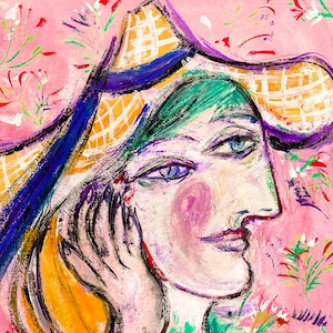 May include: A colorful painting of a woman wearing a straw hat with a pink background. The woman's face is painted in a stylized manner with blue eyes and a pink blush. The background is filled with pink and green floral patterns.