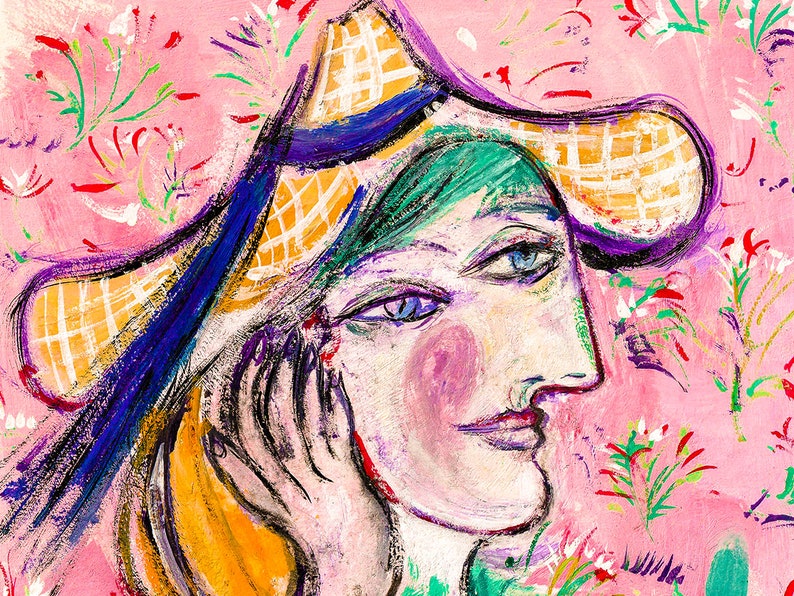 May include: A colorful painting of a woman wearing a straw hat with a pink background. The woman's face is painted in a stylized manner with blue eyes and a pink blush. The background is filled with pink and green floral patterns.