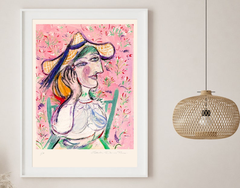 May include: A colorful painting of a woman wearing a straw hat and a white blouse. The background is a pink floral pattern.