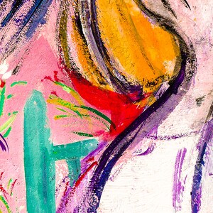 May include: Abstract painting with vibrant colors, including pink, orange, yellow, green, purple, and white. The painting features bold brushstrokes and a dynamic composition.