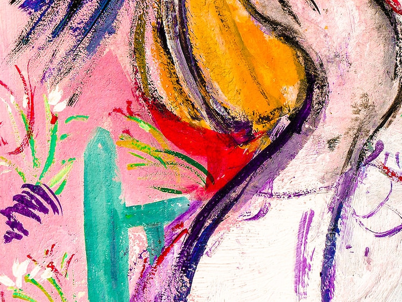 May include: Abstract painting with vibrant colors, including pink, orange, yellow, green, purple, and white. The painting features bold brushstrokes and a dynamic composition.