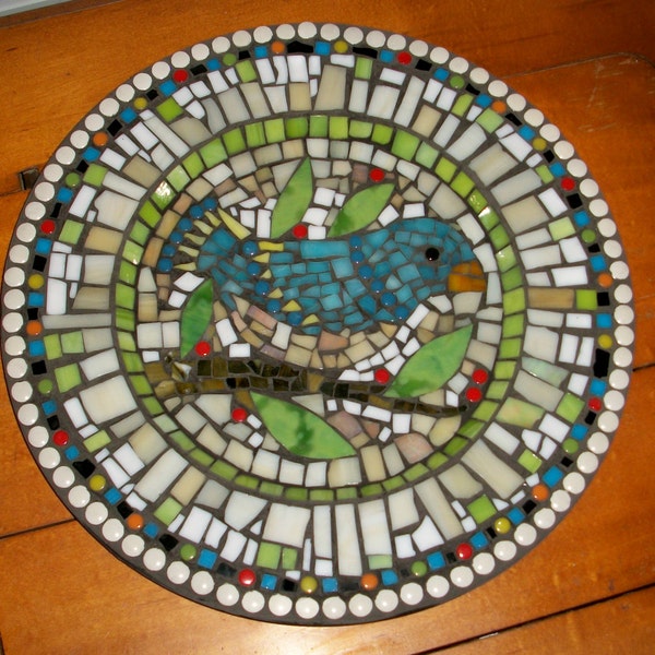 SALE! 13" Mosaic Charger Plate with hanger,blue bird on limb,glass,home decor,wall art,plaque,birds,nature,green,yellow,white,orange,black