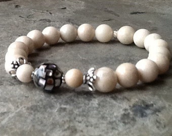 River Stone with Abalone and Silver Stretch Bracelet