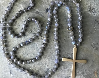 Labradorite Beads with Gold Bronze Cross Long Necklace