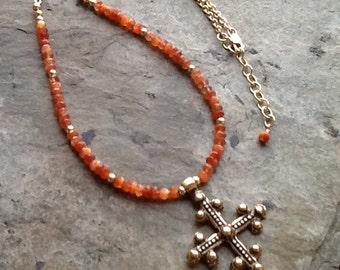 Sunstone and Gold Necklace with Artisan Gold Bronze Coptic Cross