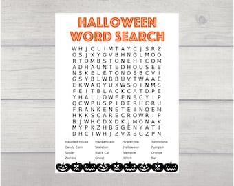 May include: A Halloween-themed word search puzzle with orange text on a white background. The words to find are: Haunted House, Candy Corn, Spider, Zombie, Frankenstein, Skeleton, Black Cat, Ghost, Scarecrow, Halloween, Vampire, Witch, Tombstone, Pumpkin, Orange, and Bat.