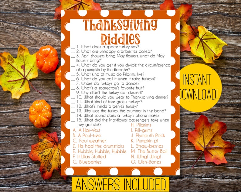 Thanksgiving Riddles Thanksgiving Game Kids Game Etsy